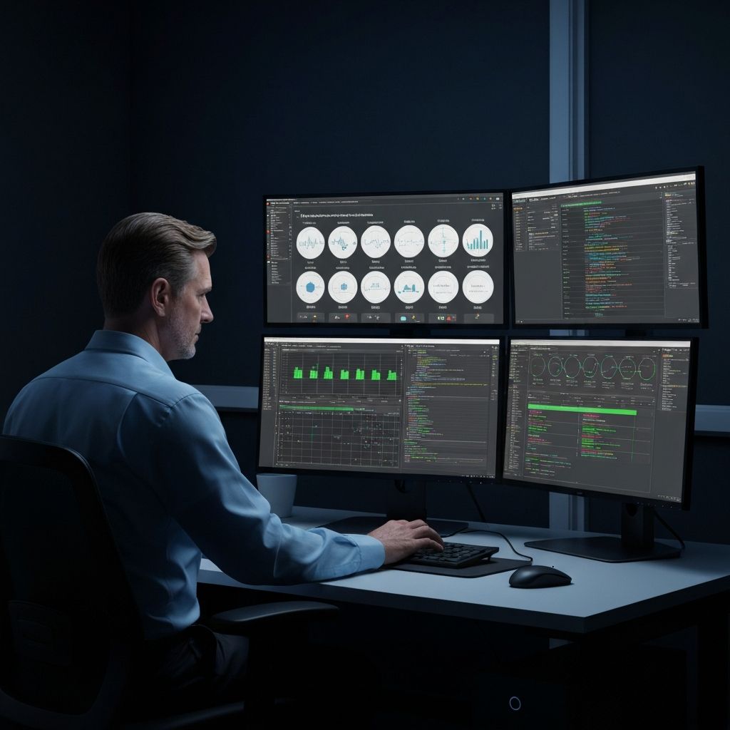 OptiTech technician monitoring IT infrastructure and security dashboards